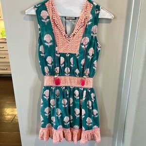 Alicia Bell sleeveless green floral dress with hot pink tassels.